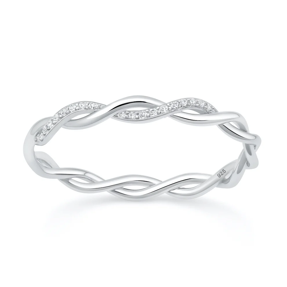 Sterling Silver Rhodium Plated Twisted Band Clear CZ Ring