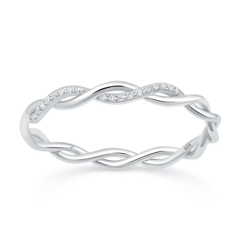 Sterling Silver Rhodium Plated Twisted Band Clear CZ Ring