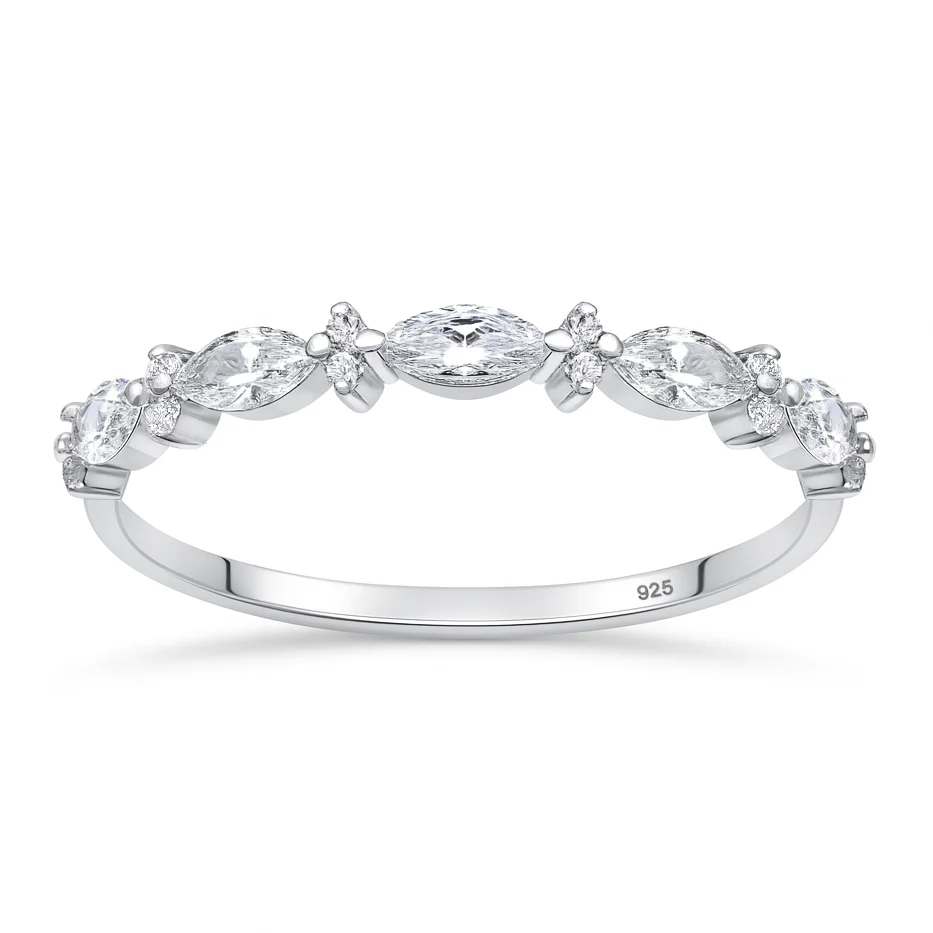 Sterling Silver Rhodium Plated Clear CZ Marquise Band Ring
