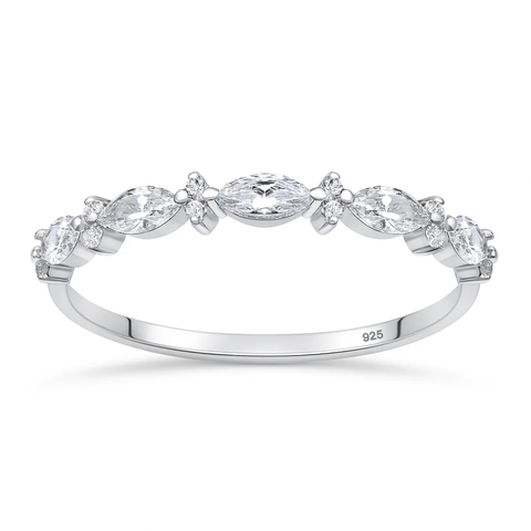 Sterling Silver Rhodium Plated Clear CZ Marquise Band Ring