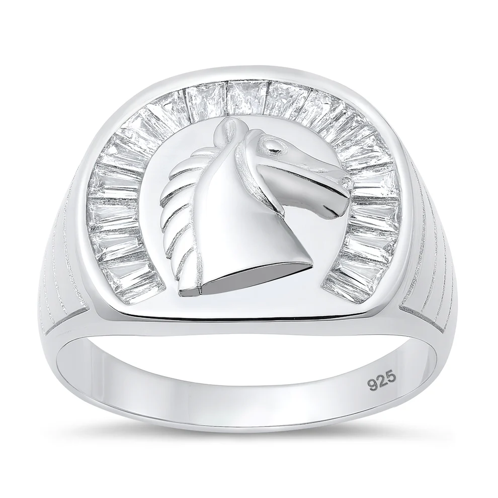 Sterling Silver Polished And Rhodium Plated Horse Clear CZ Ring