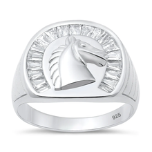 Load image into Gallery viewer, Sterling Silver Polished And Rhodium Plated Horse Clear CZ Ring