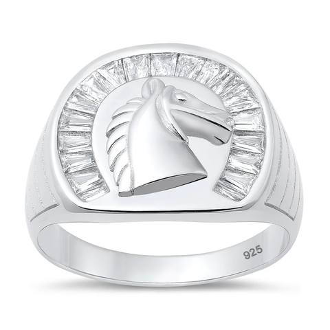 Sterling Silver Polished And Rhodium Plated Horse Clear CZ Ring