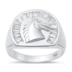 Sterling Silver Polished And Rhodium Plated Horse Clear CZ Ring
