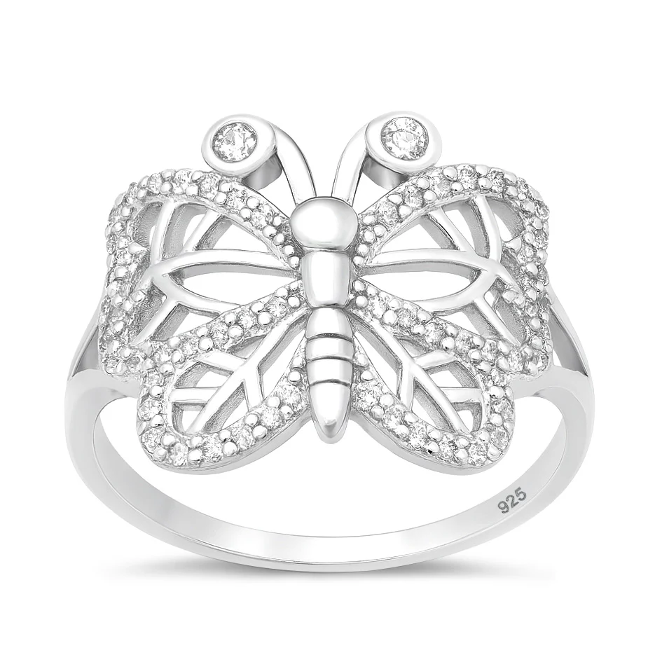 Sterling Silver Rhodium Plated Clear CZ Butterfly Ring