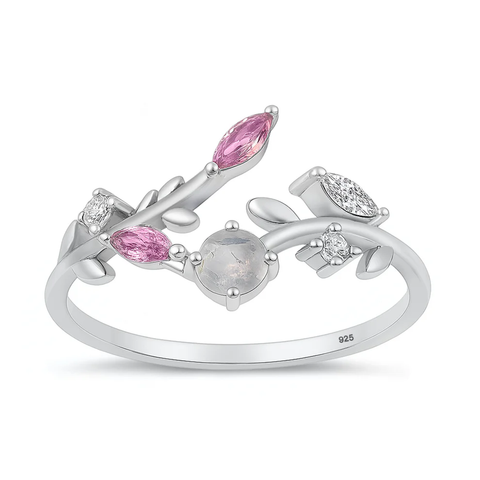 Sterling Silver Oxidized And Polished Floral Vines Pink And Clear CZ Ring