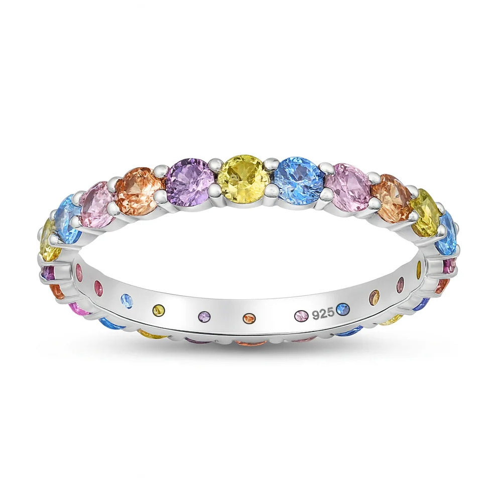 Sterling Silver Rhodium Plated Multicolored CZ Ring
