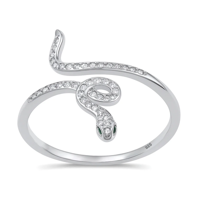 Sterling Silver Rhodium Plated Snake Clear CZ Ring