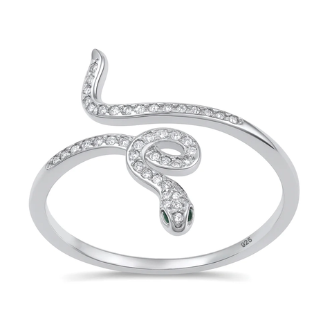 Sterling Silver Rhodium Plated Snake Clear CZ Ring