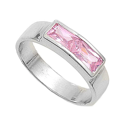 Sterling Silver Rhodium Plated 5mm Pink Color Stone Baby Ring