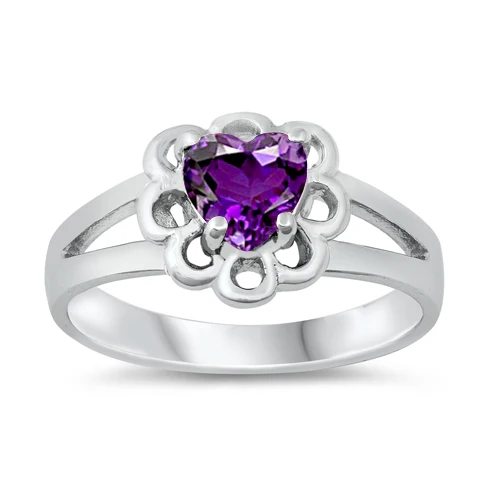Sterling Silver Rhodium Plated Heart Amethyst CZ Baby Ring