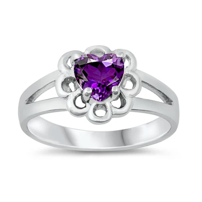 Sterling Silver Rhodium Plated Heart Amethyst CZ Baby Ring