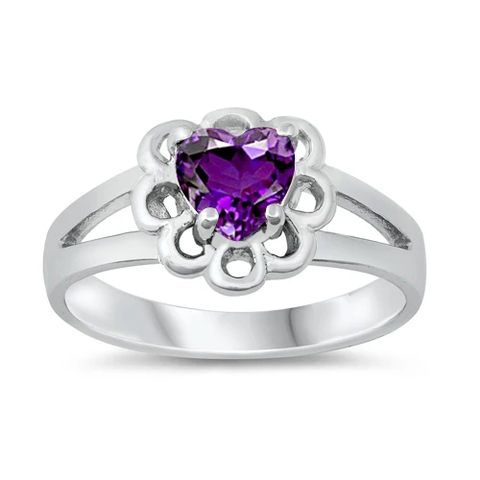 Sterling Silver Rhodium Plated Heart Amethyst CZ Baby Ring