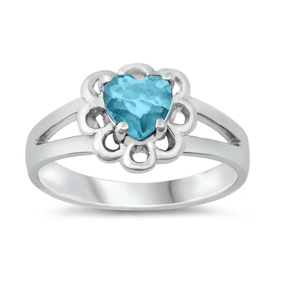 Sterling Silver Rhodium Plated Heart Aquamarine CZ Baby Ring