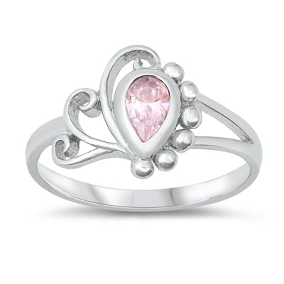 Sterling Silver Rhodium Plated Drop Pink CZ Baby Ring