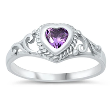 Load image into Gallery viewer, Sterling Silver Rhodium Plated Heart Amethyst CZ Baby Ring