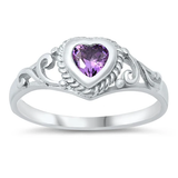 Sterling Silver Rhodium Plated Heart Amethyst CZ Baby Ring