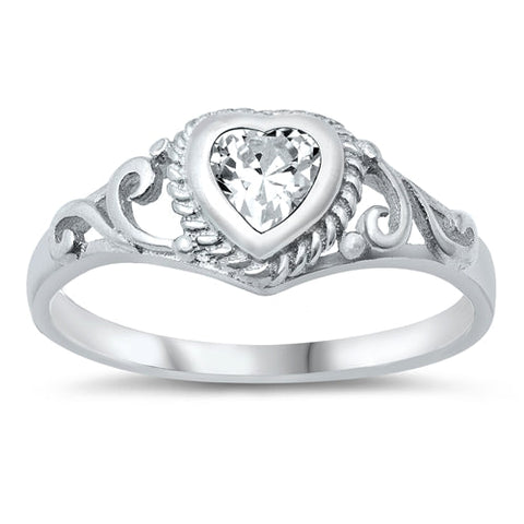 Sterling Silver Rhodium Plated Heart Clear CZ Baby Ring