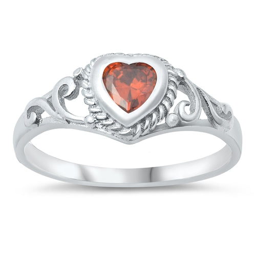 Sterling Silver Rhodium Plated Heart Garnet CZ Baby Ring