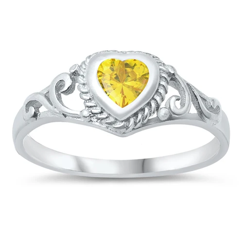 Sterling Silver Rhodium Plated Heart Yellow CZ Baby Ring