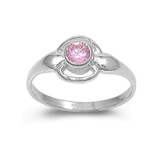 Sterling Silver Rhodium Plated Round Pink Color CZ Baby Ring