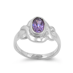 Sterling Silver Rhodium Plated Oval Amethyst Color CZ Baby Ring