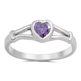 Sterling Silver Rhodium Plated Heart Amethyst CZ Baby Ring-5mm