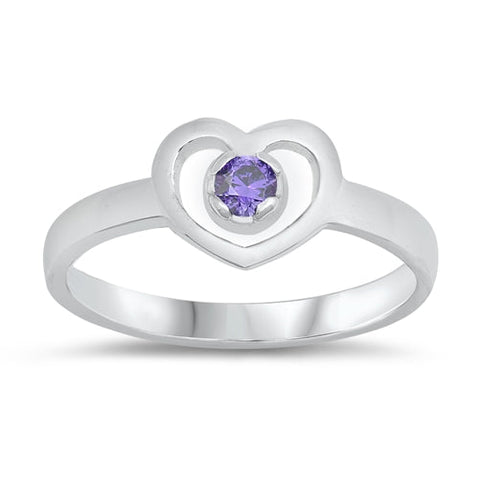 Sterling Silver Rhodium Plated Heart Amethyst CZ Baby Ring-7mm