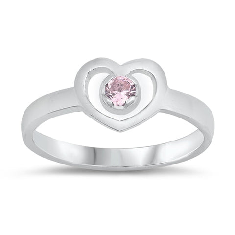 Sterling Silver Rhodium Plated Heart pink CZ Baby Ring-7mm