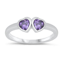 Load image into Gallery viewer, Sterling Silver Rhodium Plated Double Heart Amethyst CZ Baby Ring