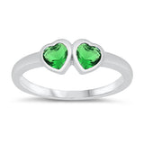 Sterling Silver Rhodium Plated Double Heart Emerald CZ Baby Ring