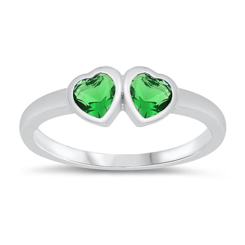 Sterling Silver Rhodium Plated Double Heart Emerald CZ Baby Ring