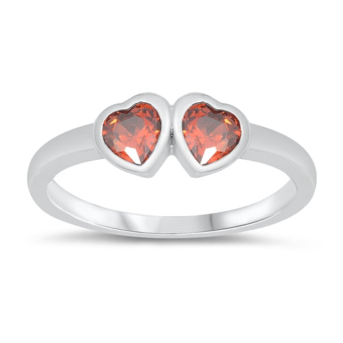 Sterling Silver Rhodium Plated Double Heart Garnet CZ Baby Ring