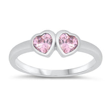 Load image into Gallery viewer, Sterling Silver Rhodium Plated Double Heart Pink CZ Baby Ring