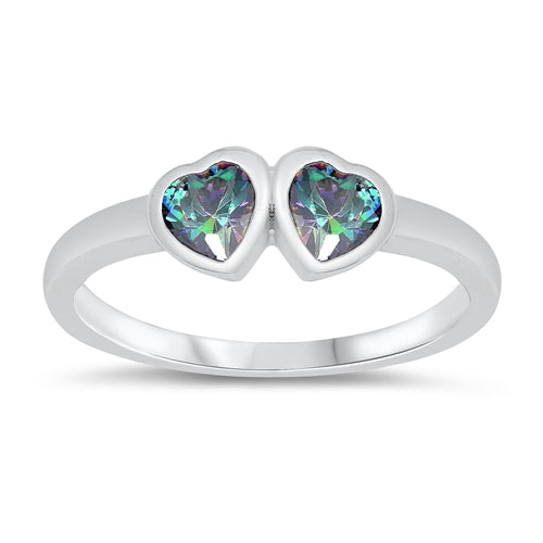 Sterling Silver Rhodium Plated Double Heart Rainbow Topaz CZ Baby Ring