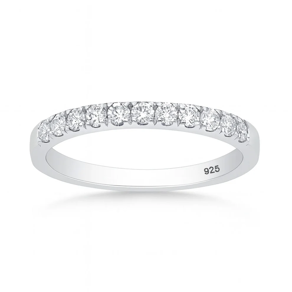 Sterling Silver Rhodium Plated Round Lab Created Diamond Half Eternity Band Ring