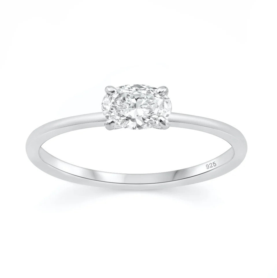 Sterling Silver Rhodium Plated Lab Created Diamond Sideways Oval Solitaire Ring