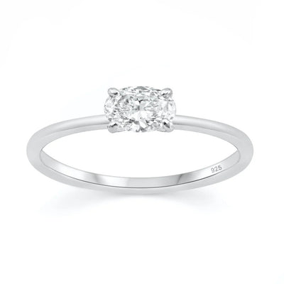 Sterling Silver Rhodium Plated Lab Created Diamond Sideways Oval Solitaire Ring
