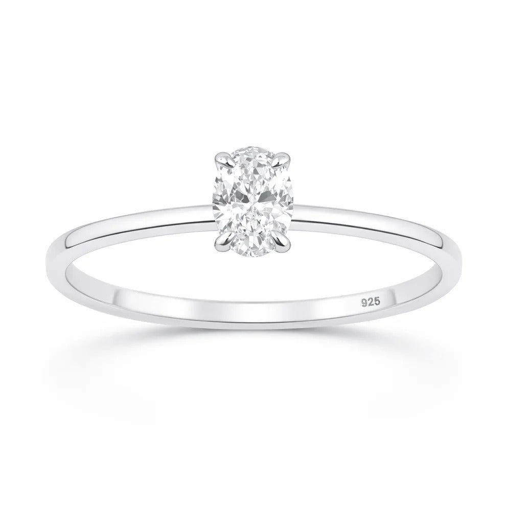 Sterling Silver Rhodium Plated Lab Created Diamond Oval Solitaire Ring