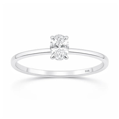 Sterling Silver Rhodium Plated Lab Created Diamond Oval Solitaire Ring