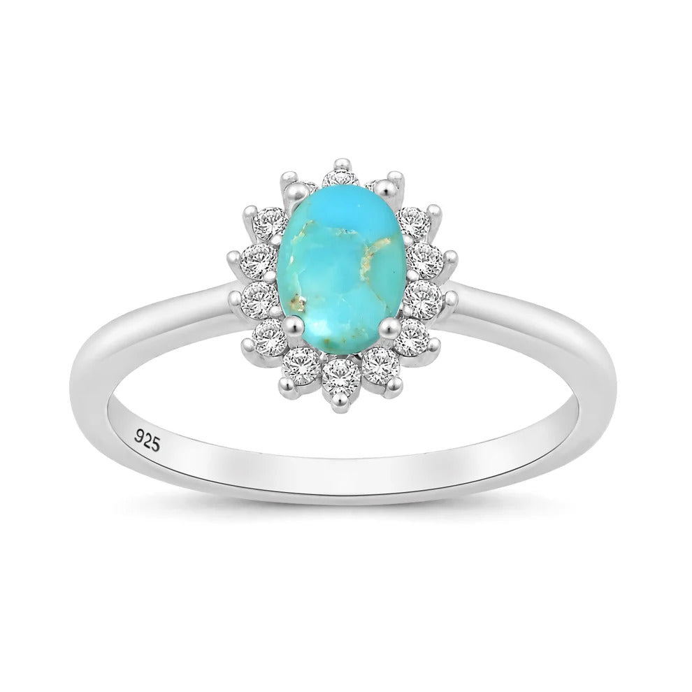 Sterling Silver Rhodium Plated Oval Turquoise And Clear CZ Ring