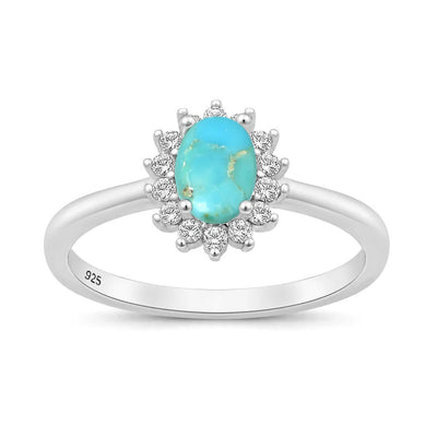 Sterling Silver Rhodium Plated Oval Turquoise And Clear CZ Ring