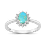 Sterling Silver Rhodium Plated Oval Turquoise And Clear CZ Ring