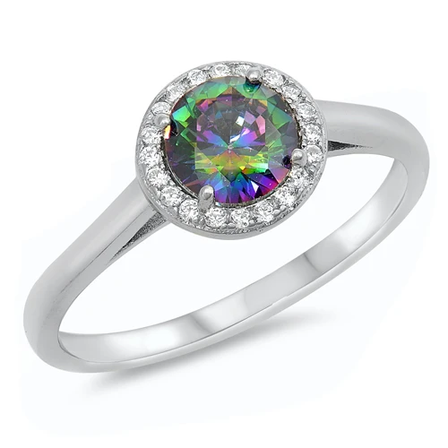 Sterling Silver Rhodium Plated Round Rainbow Topaz And Clear CZ Ring