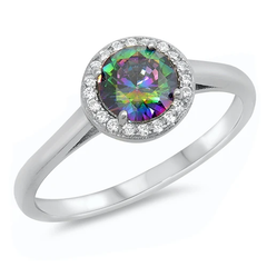 Sterling Silver Rhodium Plated Round Rainbow Topaz And Clear CZ Ring