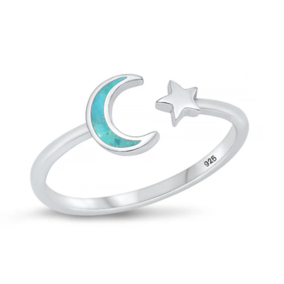 Sterling Silver Rhodium Plated 8mm Moon And Star Genuine Turquoise Stone Ring