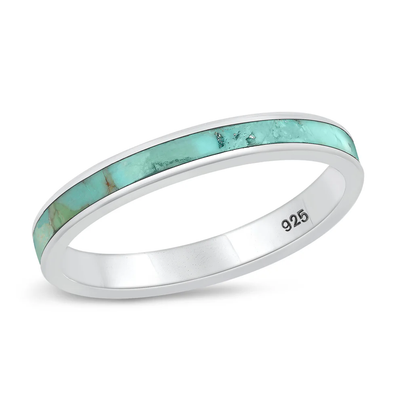 Sterling Silver Polished Wedding Band Genuine Turquoise Stone Ring