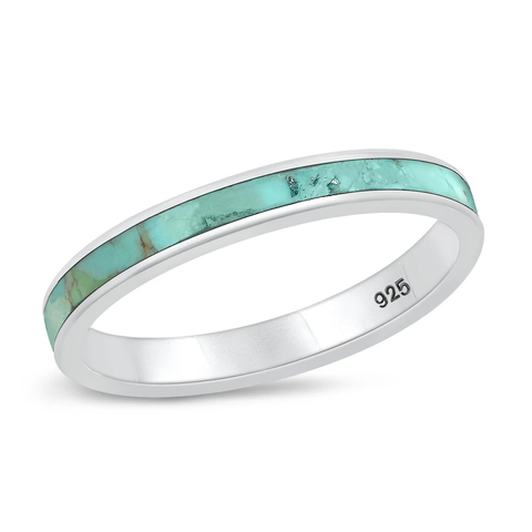 Sterling Silver Polished Wedding Band Genuine Turquoise Stone Ring