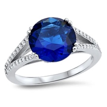 Load image into Gallery viewer, Sterling Silver Rhodium Plated Round Blue Sapphire And Clear CZ Ring
