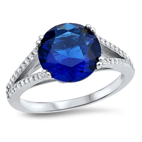 Sterling Silver Rhodium Plated Round Blue Sapphire And Clear CZ Ring
